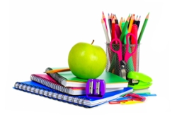 School supplies with an apple