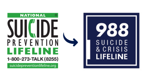 National Suicide Prevention Lifeline (1-800-273-8255) and Suicide and Crisis Lifeline (988) logos